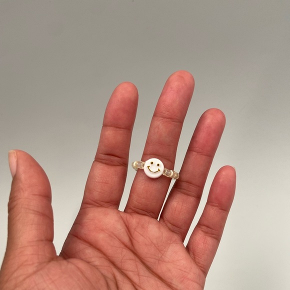 Handmade Trendy Y2K Inspired Smiley Face Glass Bead Stackable Stretch Ring - Picture 1 of 5